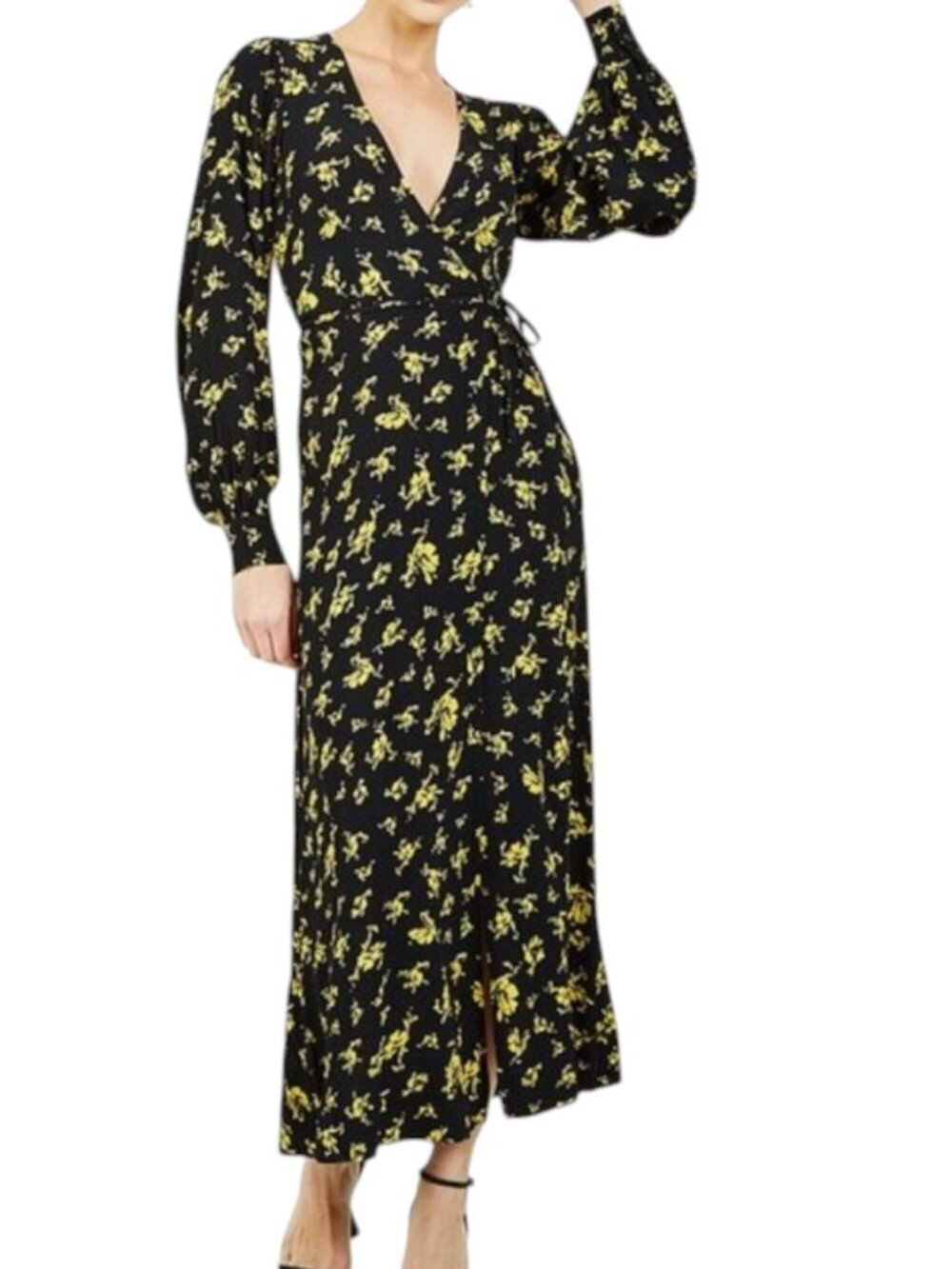 Ganni Black Gold Print Long Sleeve Wrap Maxi Dress